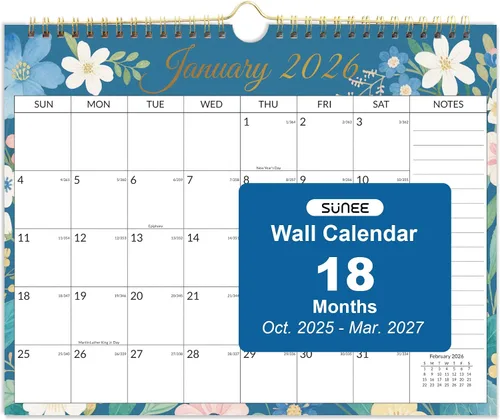 Miniatura 9 de SUNEE Calendario de pared 2026 de 18 meses, octubre de 2025 a marzo de 2027, 14.5 x 11.5 pulgadas, cuadrícula grande para colgar con papel grueso