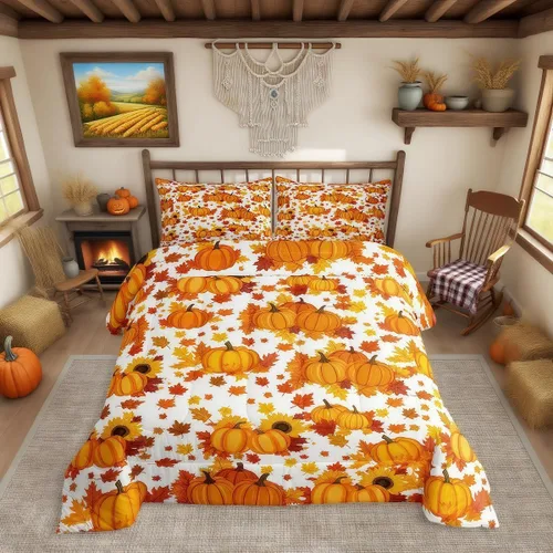 Miniatura 14 de Erosebridal Juego de edredón de gatos lindos para niños, juego de ropa de cama de calabaza y hoja de arce para niñas y niños, juego de edredón