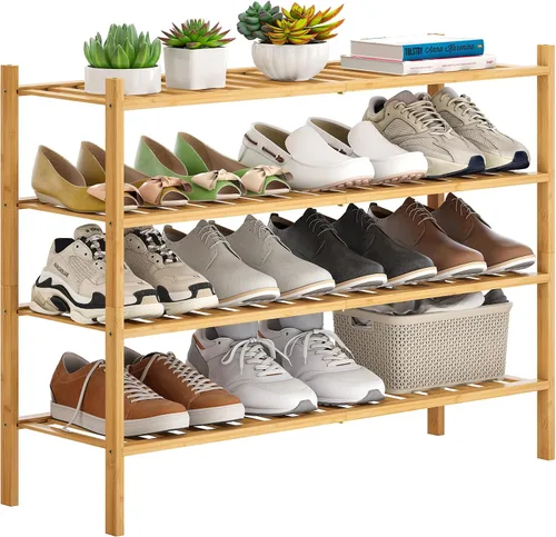 Miniatura 11 de Zapatero de bambú apilable para zapatos, organizador de almacenamiento para unidad, entrada, pasillo y armario, estante resistente independiente