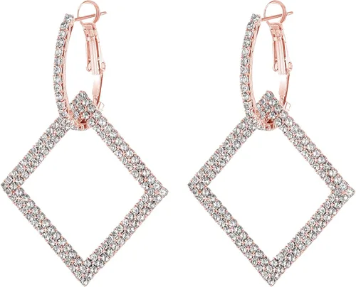KISZU Aretes de aro dorados plateados para mujer, delicados aretes colgantes cuadrados de diamantes de imitación de cristal para niñas, juego de