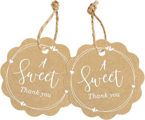 Miniatura 9 de joycraft 100 etiquetas de regalo de agradecimiento con cuerda, etiquetas colgantes de papel kraft redondo festoneado marrón de 2.36 pulgadas