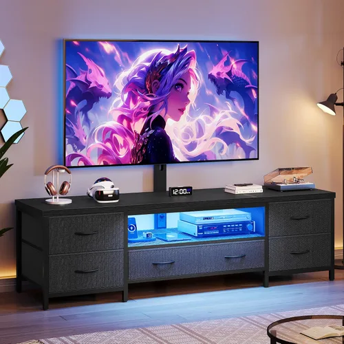 Miniatura 5 de Soporte de TV para TV de 80 pulgadas con soporte, centro de entretenimiento LED con cajones de tela y tomas de corriente, consola multimedia