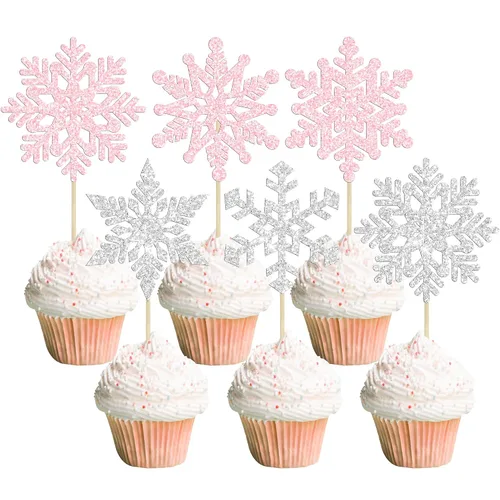 Miniatura 26 de Gyufise 24 adornos de copos de nieve Oh Baby para cupcakes con purpurina azul, decoración de pastel de baby shower congelado para baby shower