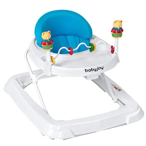 BABY JOY Andador de bebé plegable, andador de actividades con altura ajustable, bandeja grande y juguetes removibles, andador de bebé con ruedas Azul