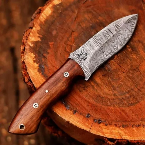 Miniatura 2 de Cuchillo de caza de acero de Damasco de hoja fija con funda de piel, cuchillo de caza de 9 pulgadas con mango entero para despellejar, mango