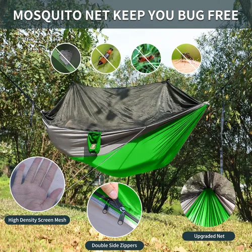 Miniatura 3 de Qevooon Hamaca de Camping con Red, Hamacas Dobles Portátiles Ligeras con Correas para Árboles y Mosquetones Sólidos en Forma de D, Hamaca de Nylon