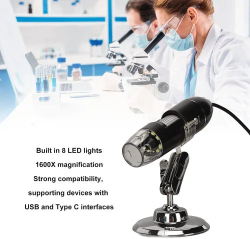 Miniatura 3 de Microscopio digital USB, aumento de 50X a 1600X con luz LED, portátil para teléfono inteligente y computadora, material ABS