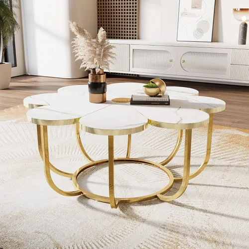 Miniatura 4 de Tribesigns Mesa de centro blanca y dorada, pieza central moderna de 39.37 pulgadas con mesa de mármol sintético en forma de flor y marco de metal