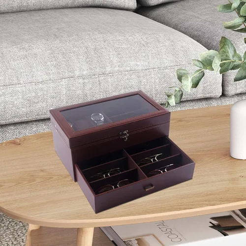 Miniatura 7 de AUTOARK Caja de cuero y terciopelo para 6 relojes, caja de joyería y 9 piezas de almacenamiento para lentes de sol y gafas de sol, cajón organizador