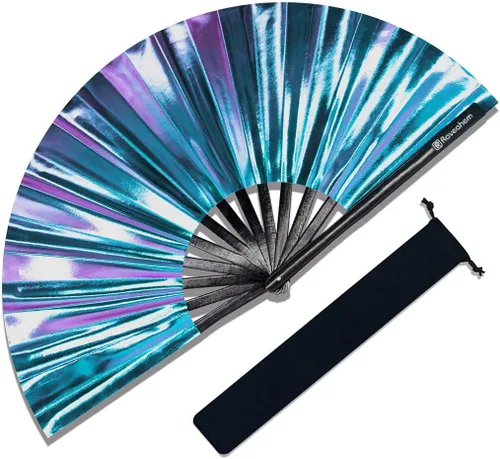 Ventilador grande para rave, ventilador de mano plegable Clack con tela de primera calidad, marco de bambú grueso para hombres y mujeres, regalo