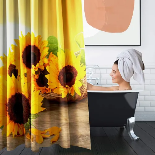 Miniatura 6 de Britimes Juego de cortinas de ducha de 4 piezas, con 12 ganchos, girasol de sol de verano con alfombras antideslizantes, cubierta de tapa de inodoro