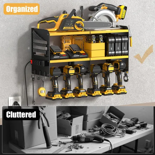 Miniatura 5 de Spampur Organizador grande de herramientas eléctricas de montaje en pared con estación de carga, estante de almacenamiento de herramientas de metal