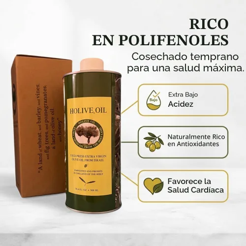 Miniatura 4 de HOLIVE Aceite de oliva de Israel Virgen extra Primera prensa en frío y cosecha temprana Rico en polifenoles Baja acidez premium AOVE sin