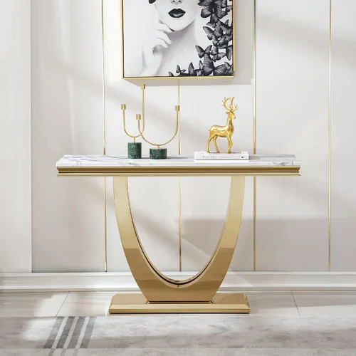 Miniatura 14 de Mesa consola moderna de cristal, mesa de sofá dorada de 55 pulgadas con marco de metal resistente y parte superior de vidrio templado negro