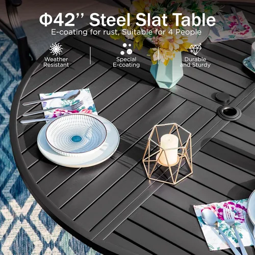 Miniatura 7 de PHI VILLA Juego de comedor de patio de 5 piezas con 4 sillas de comedor giratorias para exteriores y 1 mesa de comedor redonda grande, silla de tela