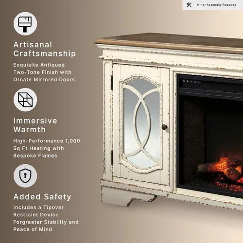 Miniatura 10 de Signature Design by Ashley Realyn - Soporte de TV casual vintage con chimenea eléctrica, calienta habitaciones más grandes, herrajes de bronce