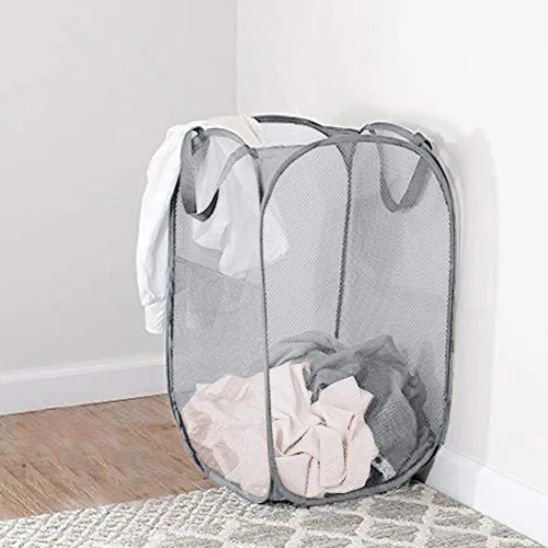 Miniatura 5 de Paquete de 2 cestas plegables de malla para la ropa sucia, cestas plegables para la ropa de baño, dormitorio universitario, viajes (gris)