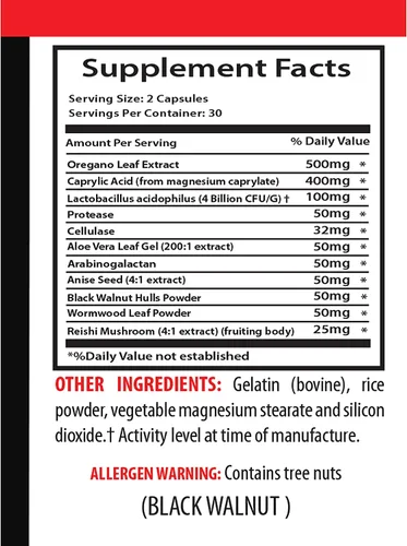 Miniatura 5 de Extracto de nuez negra, proceso estándar complejo de flora intestinal - CANDIDA AWAY COMPLEX - extracto de hoja de aloe vera, ácido caprílico