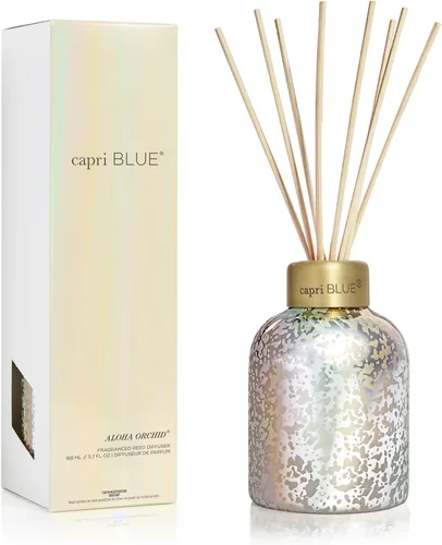 Capri Blue Aloha Orchid Juego de Difusor de Varillas - Incluye aceite perfumado para difusor, varillas de difusor y botella de vidrio iridiscente