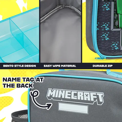 Miniatura 4 de Get Trend Bolsa de almuerzo Minecraft, fiambrera, botella de agua para niños, juego de 3 piezas, caja bento, contenedor aislado para aperitivos