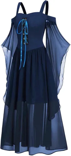 Miniatura 2 de Vestido gótico renacentista para mujer, disfraz de Halloween, hombros descubiertos, encaje, manga trompeta, vestido medieval steampunk 04-navy