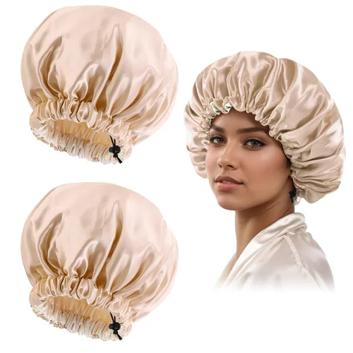 Miniatura 28 de Gorro de seda de satén para cabello rizado, gorro trenzado para dormir, para mujer, grande, doble capa ajustable (2 unidades, negro)