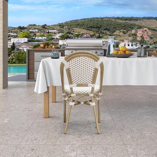 Miniatura 35 de PURPLE LEAF Juego de 1 silla de comedor al aire libre, marco de aluminio francés en acabado de bambú con ratán tejido ámbar y blanco para cocina