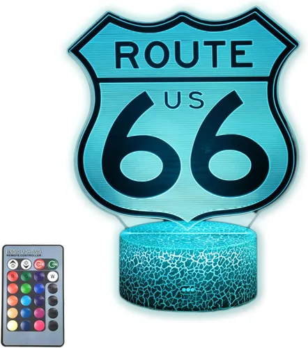 Route 66 Lámpara de ilusión 3D, luz nocturna vintage con 16 colores LED, control táctil y remoto, decoración retro de carretera de Estados Unidos