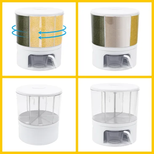 Miniatura 5 de Dispensador de cereales, Dispensador de grano giratorio de 360 ° de 6 rejillas, Dispensador de arroz transparente de tamaño de compartimento 24