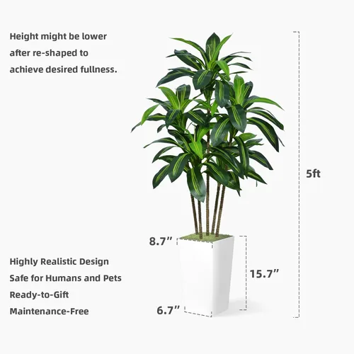 Miniatura 6 de ASTIDY Árbol de Dracaena artificial de 5 pies, árbol sintético con maceta alta gris, planta de suelo de yuca tropical falsa en maceta, árbol de seda