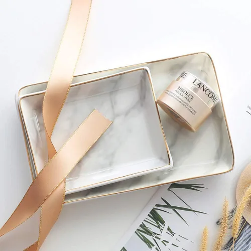 Miniatura 3 de Bandeja de cerámica de mármol para joyas, anillo y anillos, organizador de exhibición con bordes dorados, regalo de boda, día de San Valentín