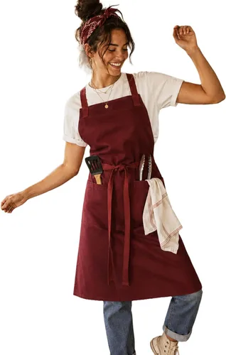 Miniatura 19 de Delantal de cocina 100% algodón con 2 bolsillos, delantal de chef ajustable para cocinar, hornear barbacoa, delantal unisex