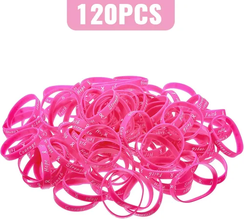 Miniatura 2 de Sratte 120 pulseras de cinta rosa para concientización sobre el cáncer de mama, pulseras de goma para mujeres, fiestas, eventos públicos
