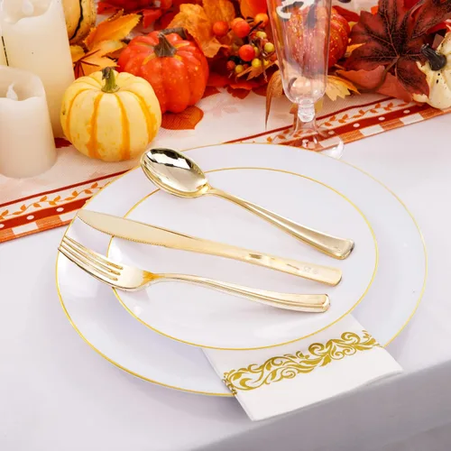 Miniatura 6 de Liacere 175 piezas de platos de plástico blanco y dorado - El juego dorado incluye 50 platos de plástico, 25 tenedores, 25 cucharas, 25 cuchillos