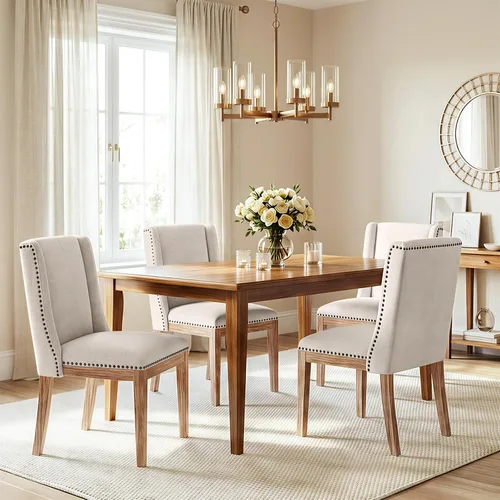 Miniatura 13 de MALOL Juego de 2 sillas de comedor, sillas laterales de cocina tapizadas de tela con patas de madera para uso en cocina y restaurante, color beige