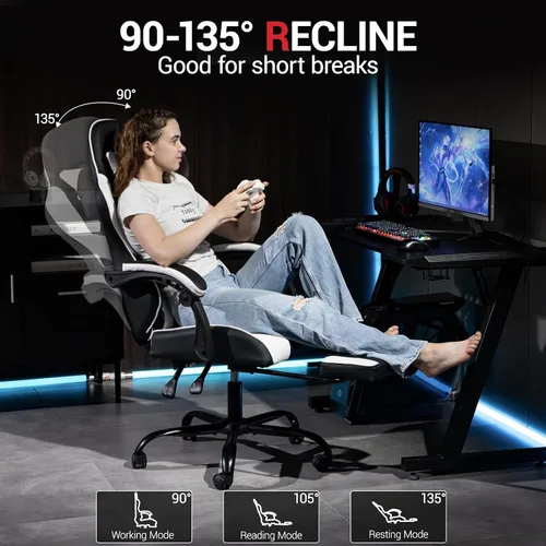 Miniatura 6 de Silla de juegos con reposapiés para adultos, silla de videojuegos de piel sintética con soporte lumbar de masaje para hombres y mujeres, silla