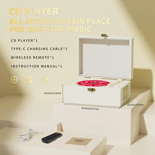 Miniatura 5 de Yintiny Reproductor de CD de cuero recargable con altavoces, transmisor Bluetooth, regalo de festival, reproductor BGM para decoración del hogar