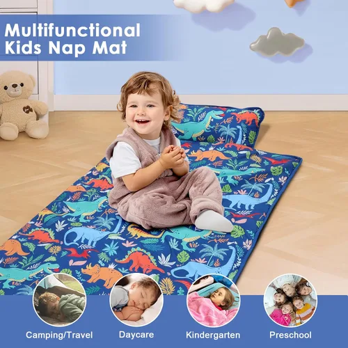 Miniatura 5 de Colchoneta portátil para siesta para niños con almohada extraíble y manta para niñas y niños, saco de dormir ligero extra grande para preescolar