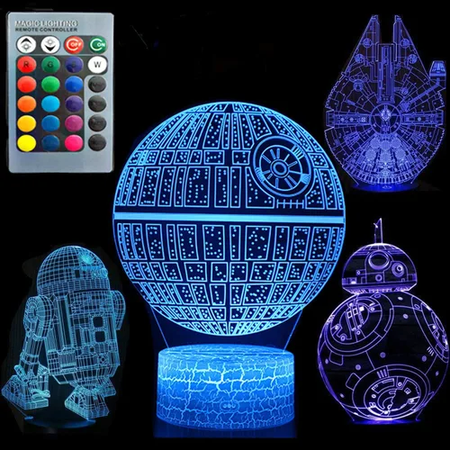 Ilusión 3D Star Wars Luz nocturna de cuatro patrones de estrella de la muerte/Halcón Milenio/R2 D2/BB-8 Interestelar 7 Cambio de Color Decoración