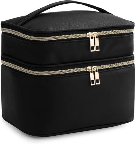 Miniatura 11 de HBlife Bolsa de maquillaje de viaje de doble capa, portátil, bonita bolsa de cosméticos de cuero, bolsa grande de maquillaje, organizador de Beige