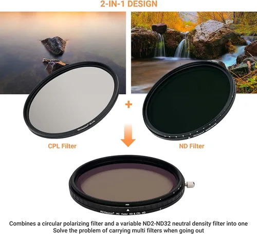 Miniatura 5 de PROfezzion Filtro ND variable de 2.047 in ND2-ND32 y filtro CPL, densidad neutra ajustable 2 en 1 y filtro polarizador circular para lente de cámara