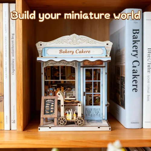 Miniatura 6 de Kit de construcción de casa en miniatura DIY, kit de rincón de lectura de panadería, rompecabezas de madera en 3D para estanterías, kit de casa
