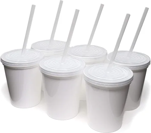 Miniatura 25 de Rolling Sands Vasos de plástico reutilizables para estadios con tapas, paquete de 6, vasos y tapas fabricados en Estados Unidos, incluye 6 popotes