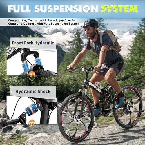 Miniatura 2 de Max4out Bicicleta de montaña plegable de 26 pulgadas, bicicleta de suspensión completa de 21 velocidades, freno de doble disco, neumático