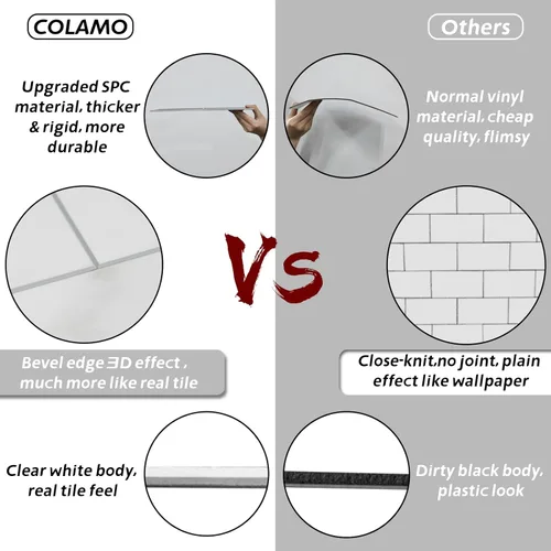 Miniatura 7 de COLAMO Protector contra salpicaduras de lujo de 10 hojas que se despega y pega, azulejo de metro blanco de piedra sintética autoadhesiva de 12"x12