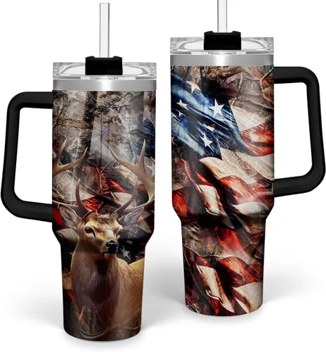 Miniatura 16 de SANDJEST Taza con bandera americana con asa, taza de café de acero inoxidable con aislamiento de 40 oz con tapa y pajita, regalos de América