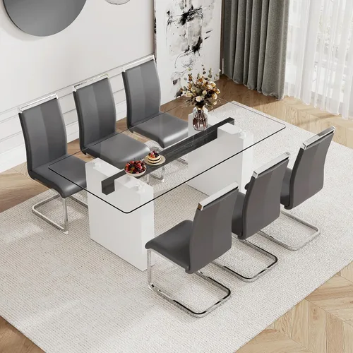 Miniatura 17 de Juego de mesa de comedor de vidrio de 71 pulgadas para 6, mesa de comedor para 6, mesa de vidrio templado con marco de MDF blanco y 6 sillas