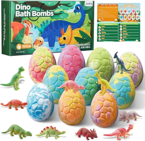 Bombas de baño de dinosaurio para niños con sorpresa en el interior, paquete de 10 huevos de dinosaurio naturales con juguetes exclusivos de Huevos