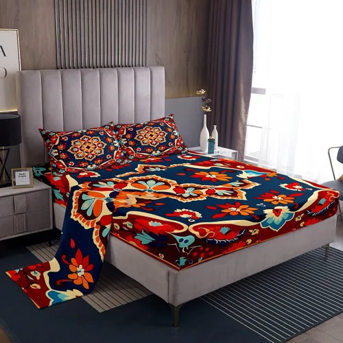 Miniatura 20 de Erosebridal Juego de sábanas y fundas de almohada vintage con estampado floral oriental para niños pequeños, juego de sábanas de medallón persa