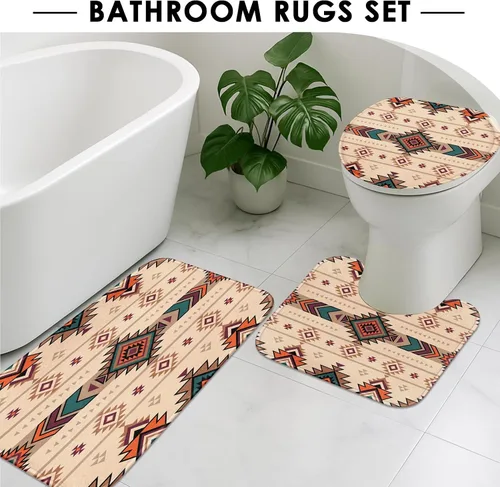 Miniatura 5 de ArtSocket Juego de baño retro bohemio con cortina de ducha y accesorio de alfombras, tradicional rombo de verano, cortina de ducha abstracta